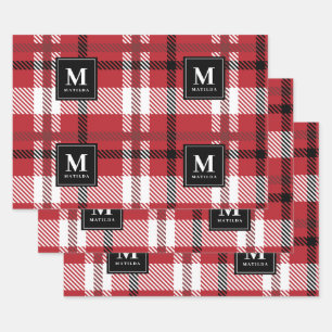 Feuille De Papier Cadeau Noël tartan monogramme personnalisé
