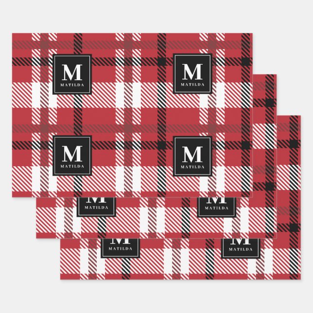 Feuille De Papier Cadeau Noël tartan monogramme personnalisé (Lot)