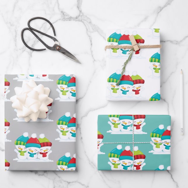 Feuille De Papier Cadeau Noël Trio des motoneiges mignons (Recto)