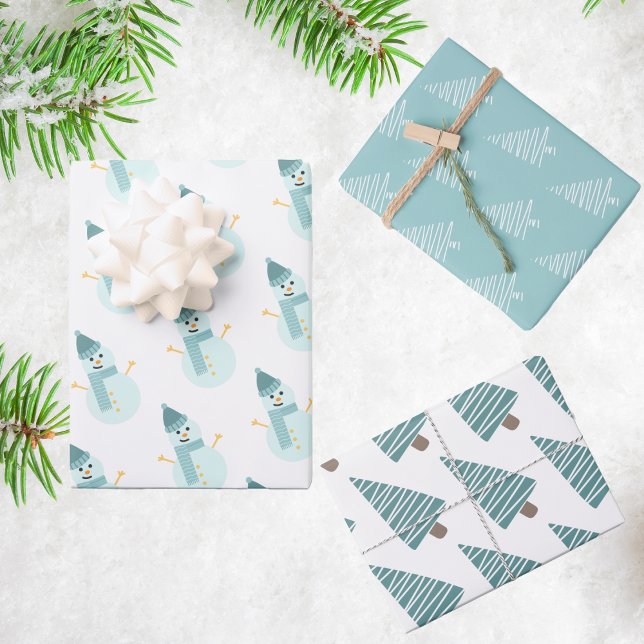 Feuille De Papier Cadeau Noël turquoise Snowman et arbres (Créateur téléchargé)