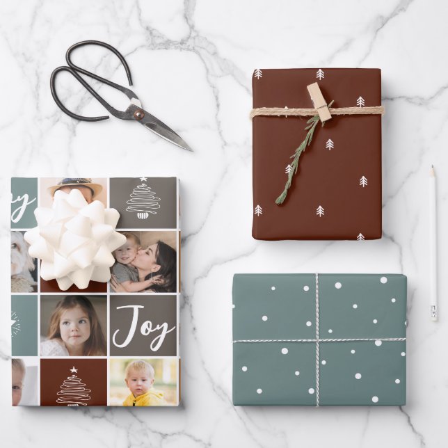 Feuille De Papier Cadeau Noël Vacances Photo Collage Neige Arbres Modernes (Recto)
