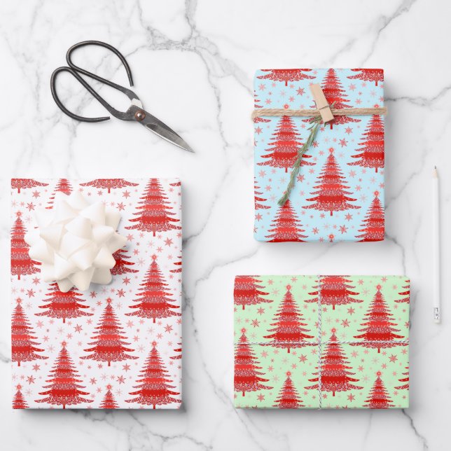 Feuille De Papier Cadeau Noël Vacances Red Trees Motif Cadeau (Recto)