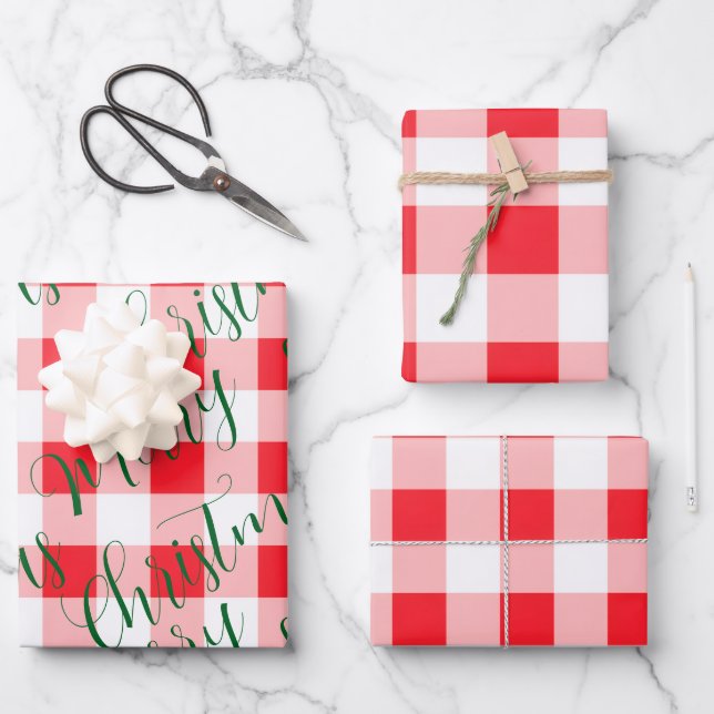 Feuille De Papier Cadeau Noël vert à carreaux rouges  (Recto)