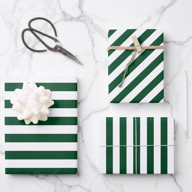 Feuille De Papier Cadeau Noël vert & blanc rayé (Recto)