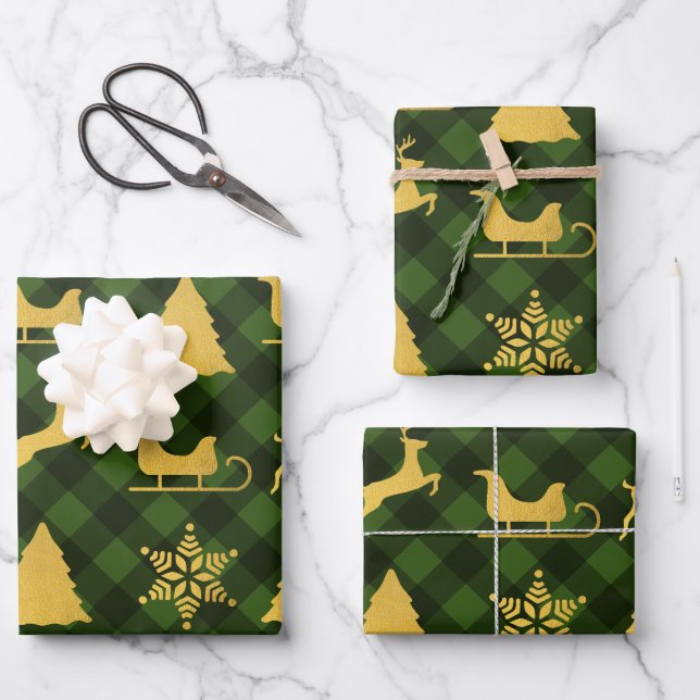 Feuille De Papier Cadeau Noël Vert et noir Buffalo Plaid Gold Xmas (Recto)