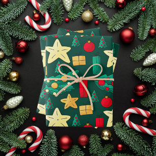 Feuille De Papier Cadeau Noël Vert Festif Avec Icônes De Vacances