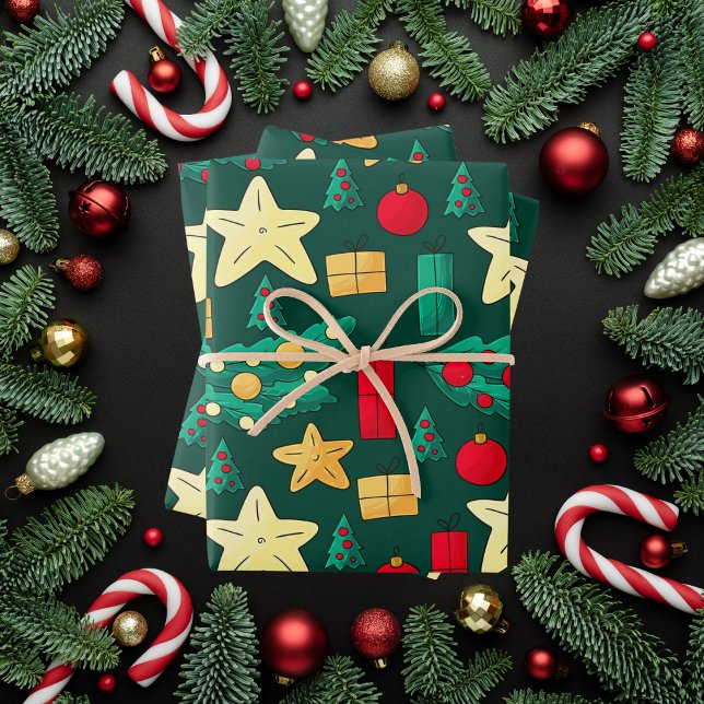 Feuille De Papier Cadeau Noël Vert Festif Avec Icônes De Vacances (Créateur téléchargé)