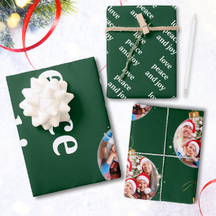 Feuille De Papier Cadeau Noël vert Photo de famille Amour Paix Joie