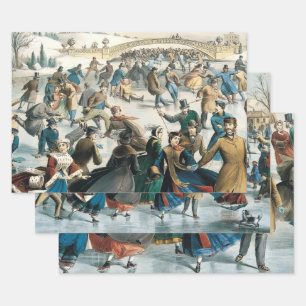 Feuille De Papier Cadeau Noël victorien Central Park Currier & Ives
