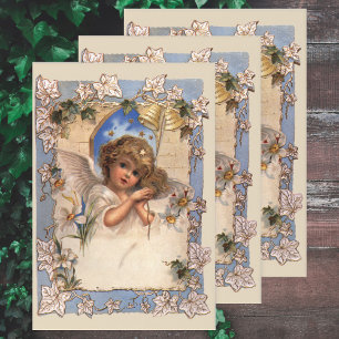 Feuille De Papier Cadeau Noël vintage, ange victorien avec cloches dorées