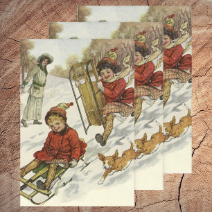Feuille De Papier Cadeau Noël Vintage, Enfants Victoriens Dormir Chien