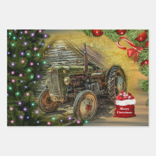 Feuille De Papier Cadeau Noël vintage Green Tracteur