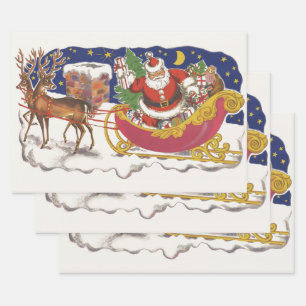 Feuille De Papier Cadeau Noël vintage, joyeux Père Noël avec traîneau