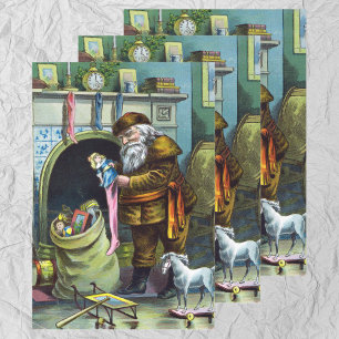 Feuille De Papier Cadeau Noël vintage, Le Père Noël, Bas avec jouets