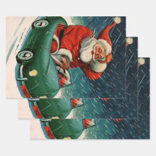 Feuille De Papier Cadeau Noël vintage, le Père Noël dans une voiture mignon