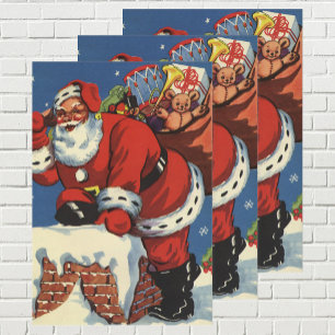 Feuille De Papier Cadeau Noël vintage, le Père Noël descend dans la cheminé
