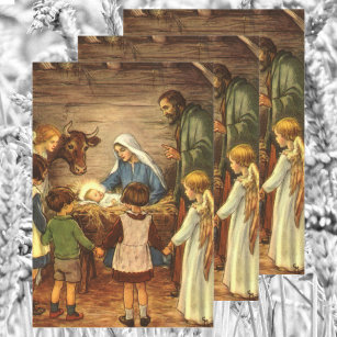 Feuille De Papier Cadeau Noël Vintage, Nativité Religieuse avec Bébé Jésus