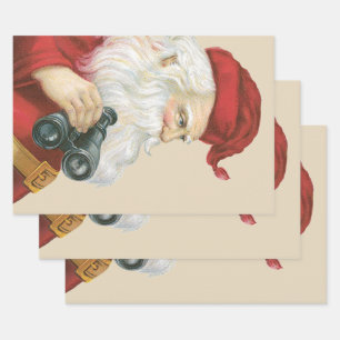 Feuille De Papier Cadeau Noël vintage, Père Noël avec jumelles
