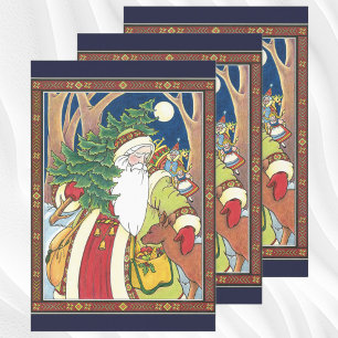 Feuille De Papier Cadeau Noël vintage, Père Noël Cerf en forêt