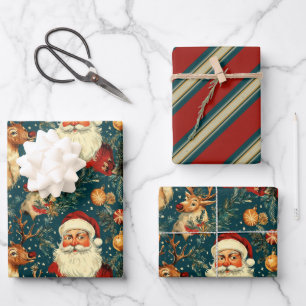 Feuille De Papier Cadeau "Noël Vintage Père Noël & Reindeer