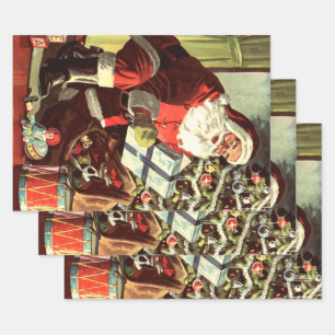 Feuille De Papier Cadeau Noël vintage, Père Noël rétro avec cadeaux