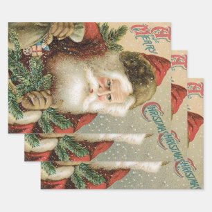Feuille De Papier Cadeau Noël vintage, Père Noël victorien avec pin