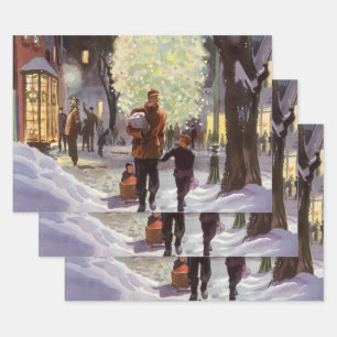 Feuille De Papier Cadeau Noël vintage, Père Shopping avec les enfants