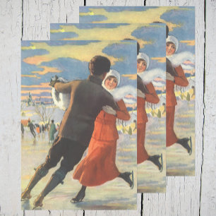 Feuille De Papier Cadeau Noël Vintage, Romantique Couple Patinage sur glace