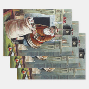 Feuille De Papier Cadeau Noël vintage, Saint Nicolas au coin du feu