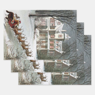 Feuille De Papier Cadeau Noël vintage, Saint Nicolas avec rennes