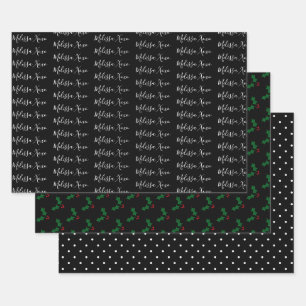 Feuille De Papier Cadeau Noël Votre nom, Holly, Dots Noirs et Blancs