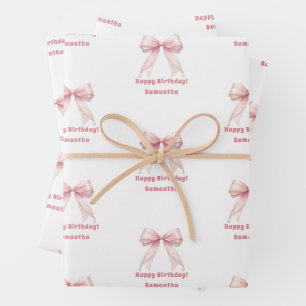 Feuille De Papier Cadeau Nœud rose anniversaire fille blanche