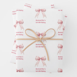 Feuille De Papier Cadeau Nœud rose pour anniversaire fille blanche