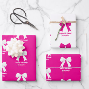 Feuille De Papier Cadeau Nœud rose vif pour anniversaire fille blanche