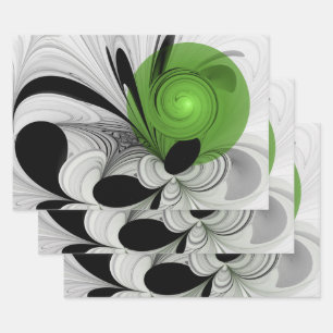 Feuille De Papier Cadeau Noir Abstrait et blanc avec art fractal vert