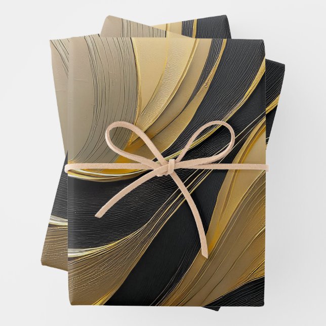 Feuille De Papier Cadeau Noir Abstrait moderne et or (En situation)