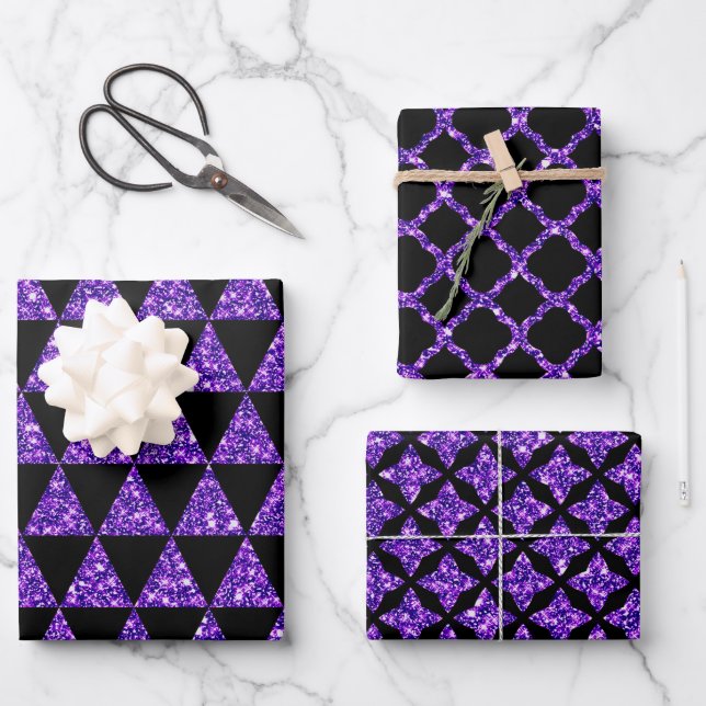 FEUILLE DE PAPIER CADEAU NOIR AVEC PARTIES SCINTILLANT PURPLE RESSORT HALLO (Recto)