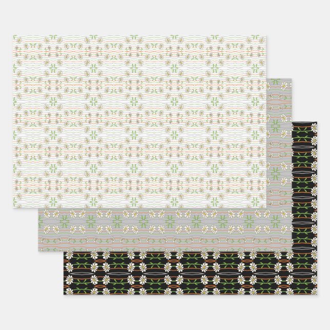 Feuille De Papier Cadeau Noir Blanc Et Gris Faisy Motif Floral (Lot)