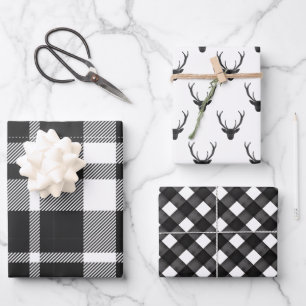 Feuille De Papier Cadeau Noir & Blanc moderne Plaid & Reinder