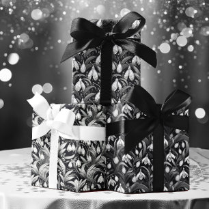 Feuille De Papier Cadeau Noir élégant   Snowdrops blancs Motifs floraux