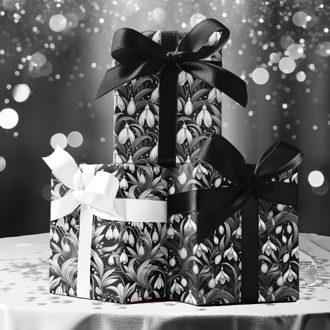 Feuille De Papier Cadeau Noir élégant | Snowdrops blancs Motifs floraux (Elegant  Black and White Snowdrops Floral Pattern Trio Wrapping Paper Sheets)