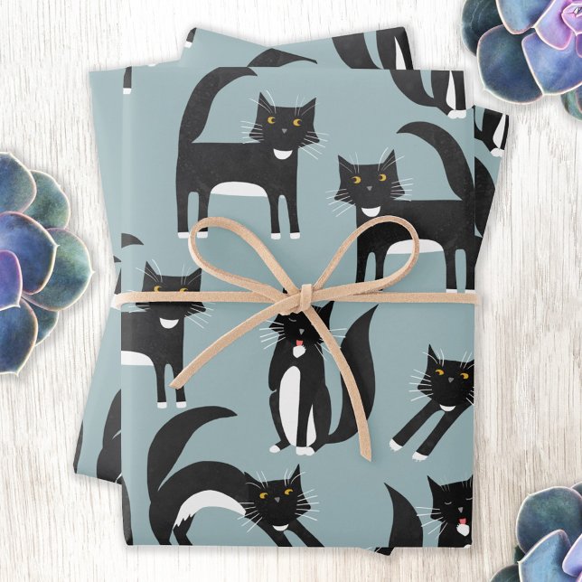 Feuille De Papier Cadeau Noir et blanc Cute Tuxedo Kitty Cats Motif (Black and white tuxedo cat patterned gift wrap paper)