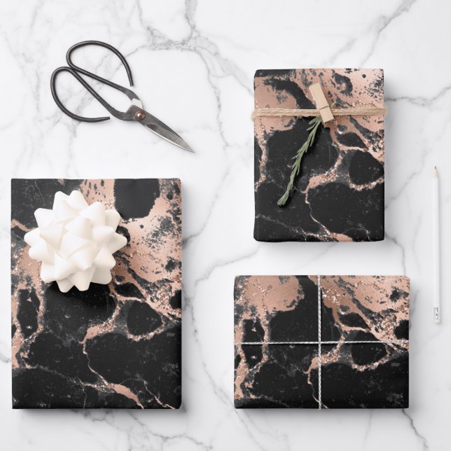 Feuille De Papier Cadeau Noir et Marbre Or Rose (Recto)