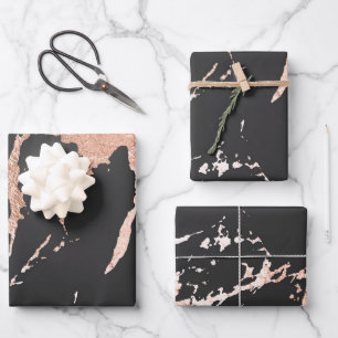 Feuille De Papier Cadeau Noir et or rose aspect marbre
