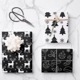 Feuille De Papier Cadeau Noir renne, sapin de Noël et Motif de vacances