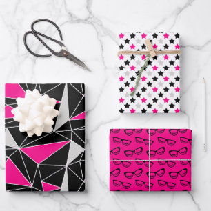 Feuille De Papier Cadeau Noir Rose Géométrie Étoiles Lunettes