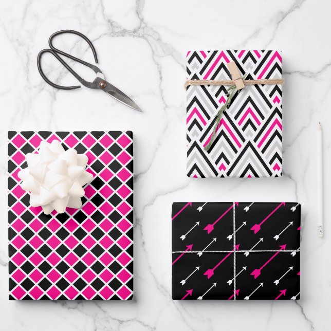 Feuille De Papier Cadeau Noir Rose Géométrie Flèche Diamant (Recto)