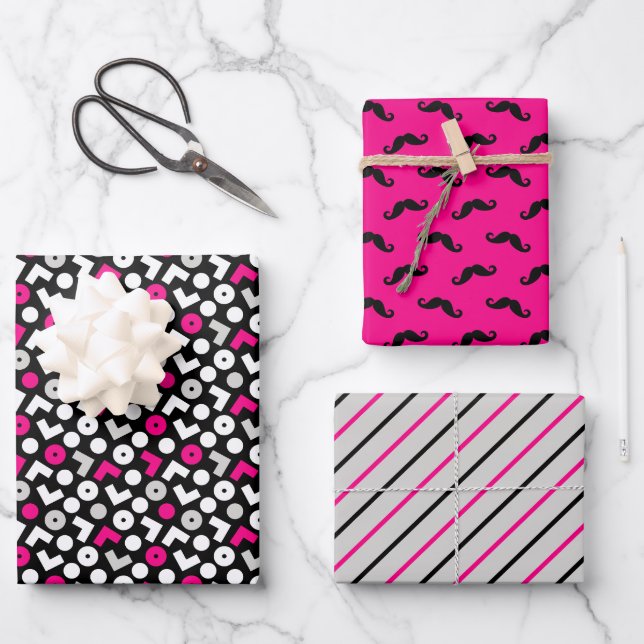 Feuille De Papier Cadeau Noir Rose Géométrie Moustache Rayures (Recto)