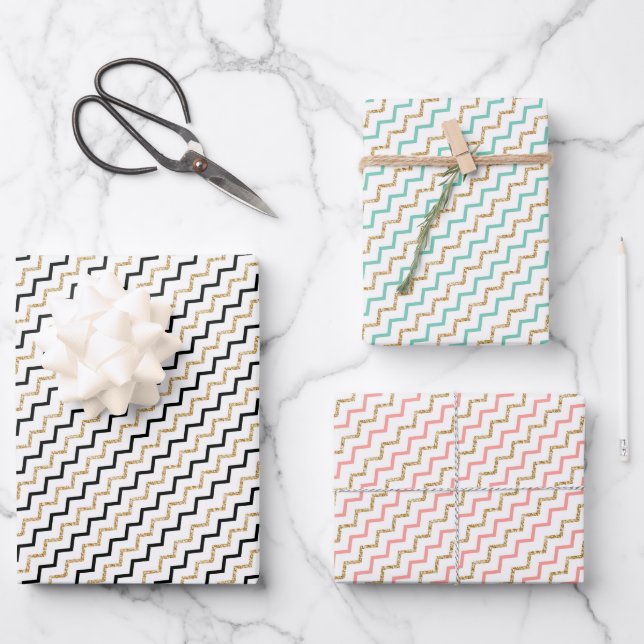 Feuille De Papier Cadeau Noir Rose Vert Or Chevron Zig Zag (Recto)