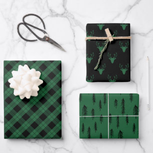 Feuille De Papier Cadeau Noir Vert Mixte Rustique Motifs Deer Woods Plaid